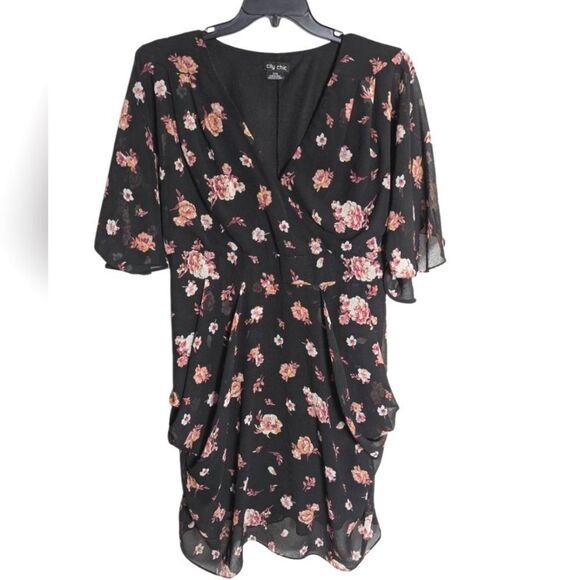 City Chic Black Pink Floral Draped Faux Wrap Party Dress Womens 16 - Picture 2 of 6